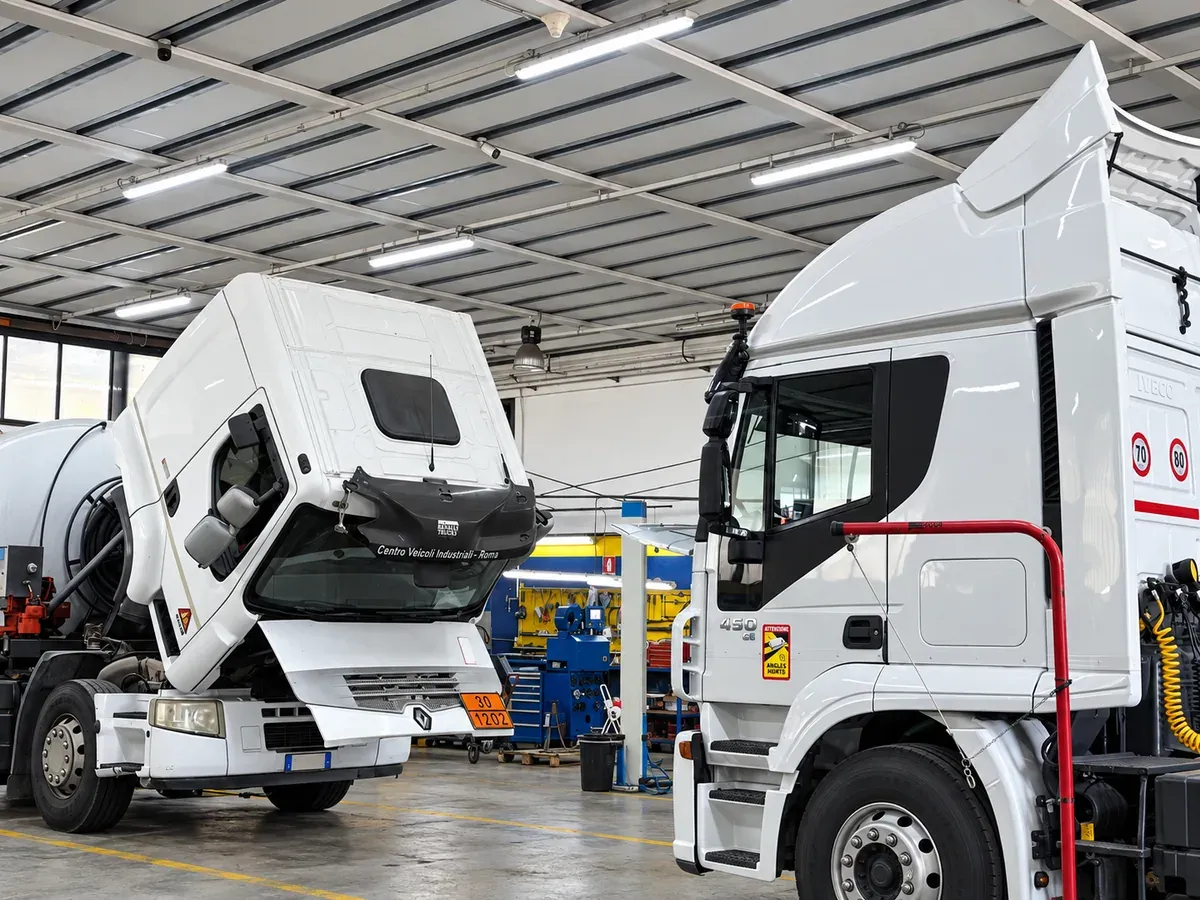 Interno dell'officina: trattore stradale con la cabina ribaltata per l'intervento al motore, accanto a un altro autocarro